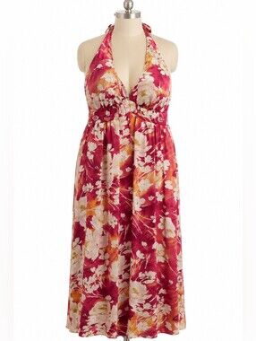 Vintage Studio 1940 Magenta Floral Halter Top Zip-Back Maxi Dress Size 22W
